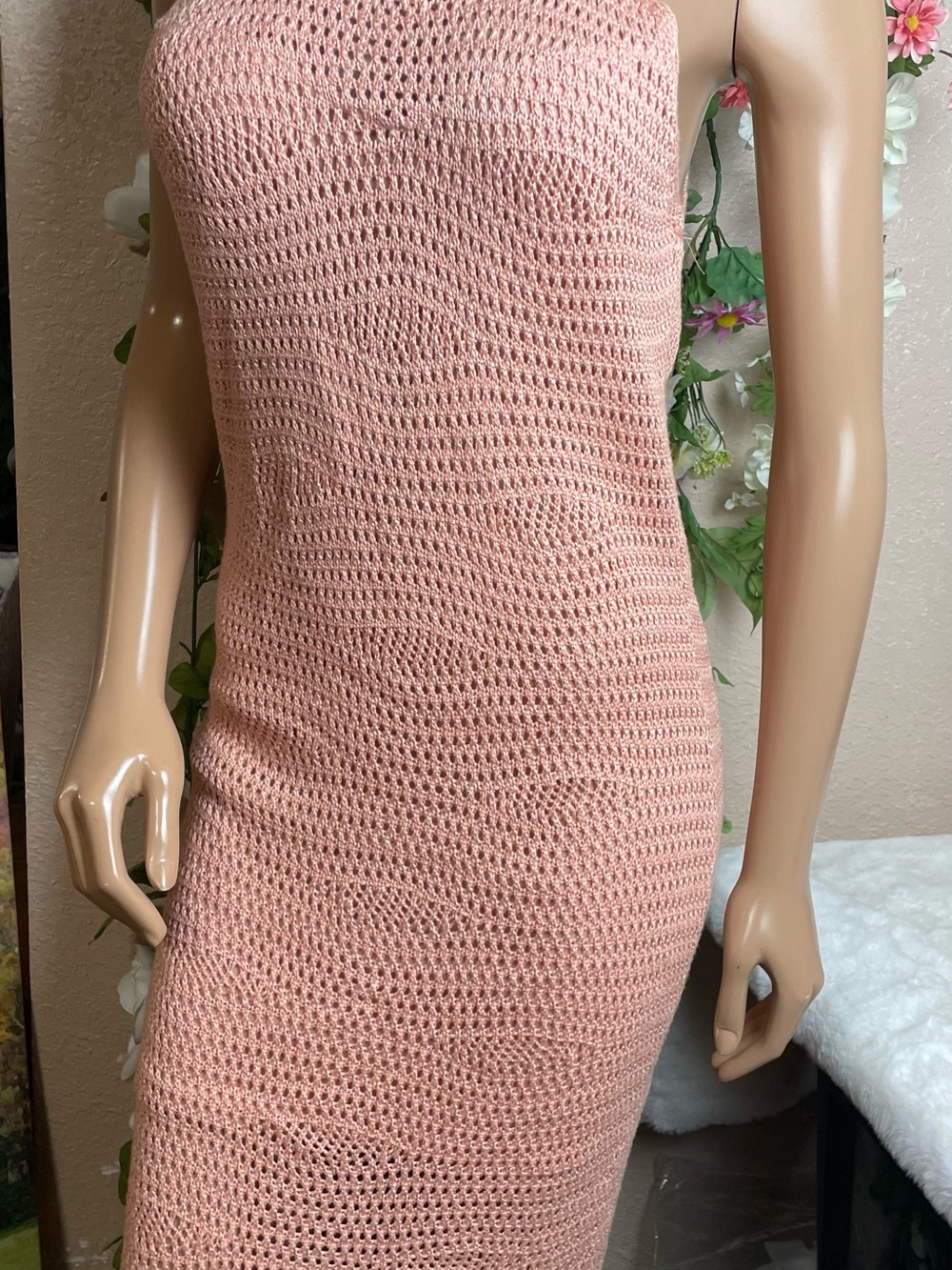 Steve Madden Strapless Crochet Midi Dress in Blush